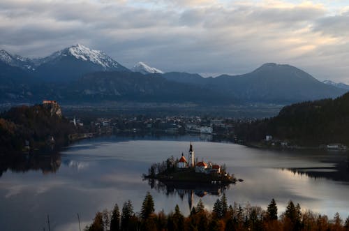 Free An Aerial Shot of the Church of the Mary the Queen in Lake Bled, Slovenia Stock Photo
