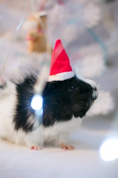 Adorable guinea pig wearing a santa hat surrounded by lights, perfect for holiday themes.