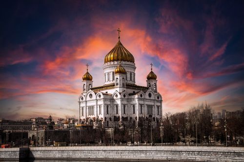 Free Stunning view of the Cathedral of Christ the Savior against a vibrant sunset in Moscow, Russia. Stock Photo