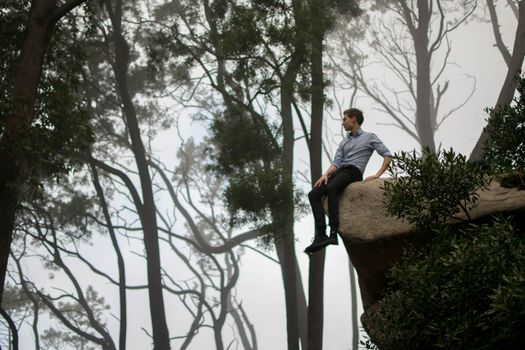 一个人坐在云雾缭绕、树木环绕的森林中的岩石上