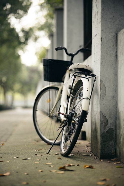 Free A vintage white bicycle with a basket leaning against an urban wall with a blurred greenery backdrop. Stock Photo