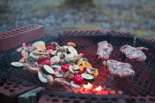 Free Grilling Meat and Vegetable Outdoor Stock Photo