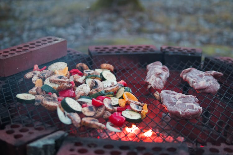 Grilling Meat And Vegetable Outdoor