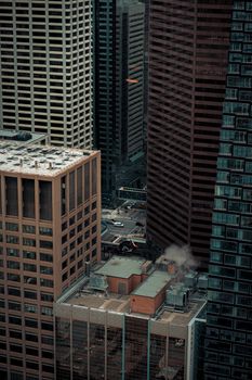 Aerial view of modern skyscrapers in downtown Calgary, Alberta showcasing urban architecture.