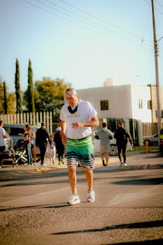 Senior adult jogging on a sunny street, showcasing active lifestyle and health.