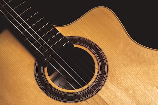 Detailed close-up of acoustic guitar body showing strings and rosette design.