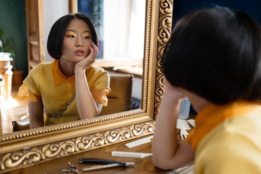 A thoughtful woman gazes into a salon mirror, surrounded by hairdressing tools.