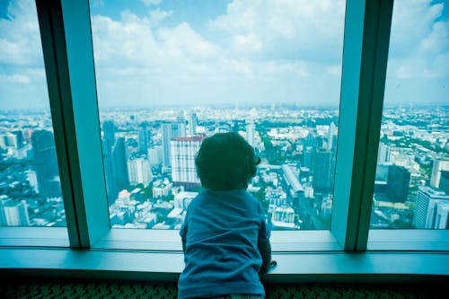 Free Toddler Looking Through Clear Glass Window Stock Photo