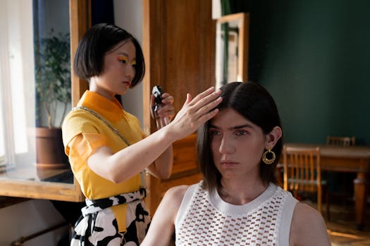 A hairdresser styles a client's hair in a contemporary salon with vibrant lighting.
