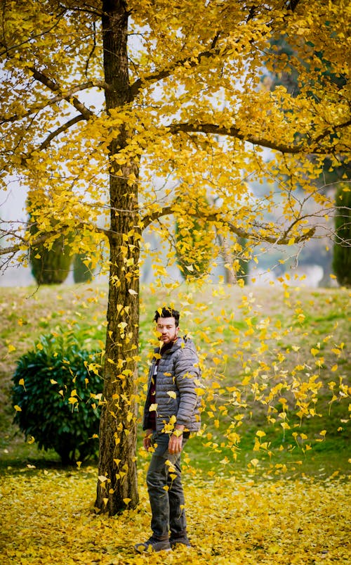 Man in Gray Jacket Standing Near an Autumn Tree