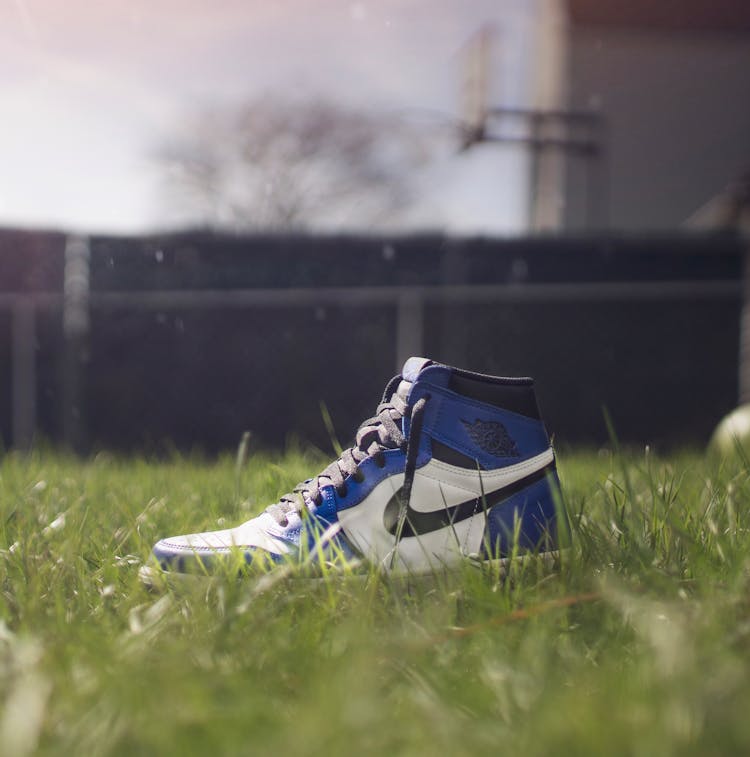 Selective Focus Photography Of Air Jordan 1 On Grass