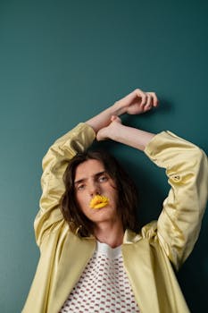 Stylish male model in yellow satin jacket poses with artistic makeup and creative expression.