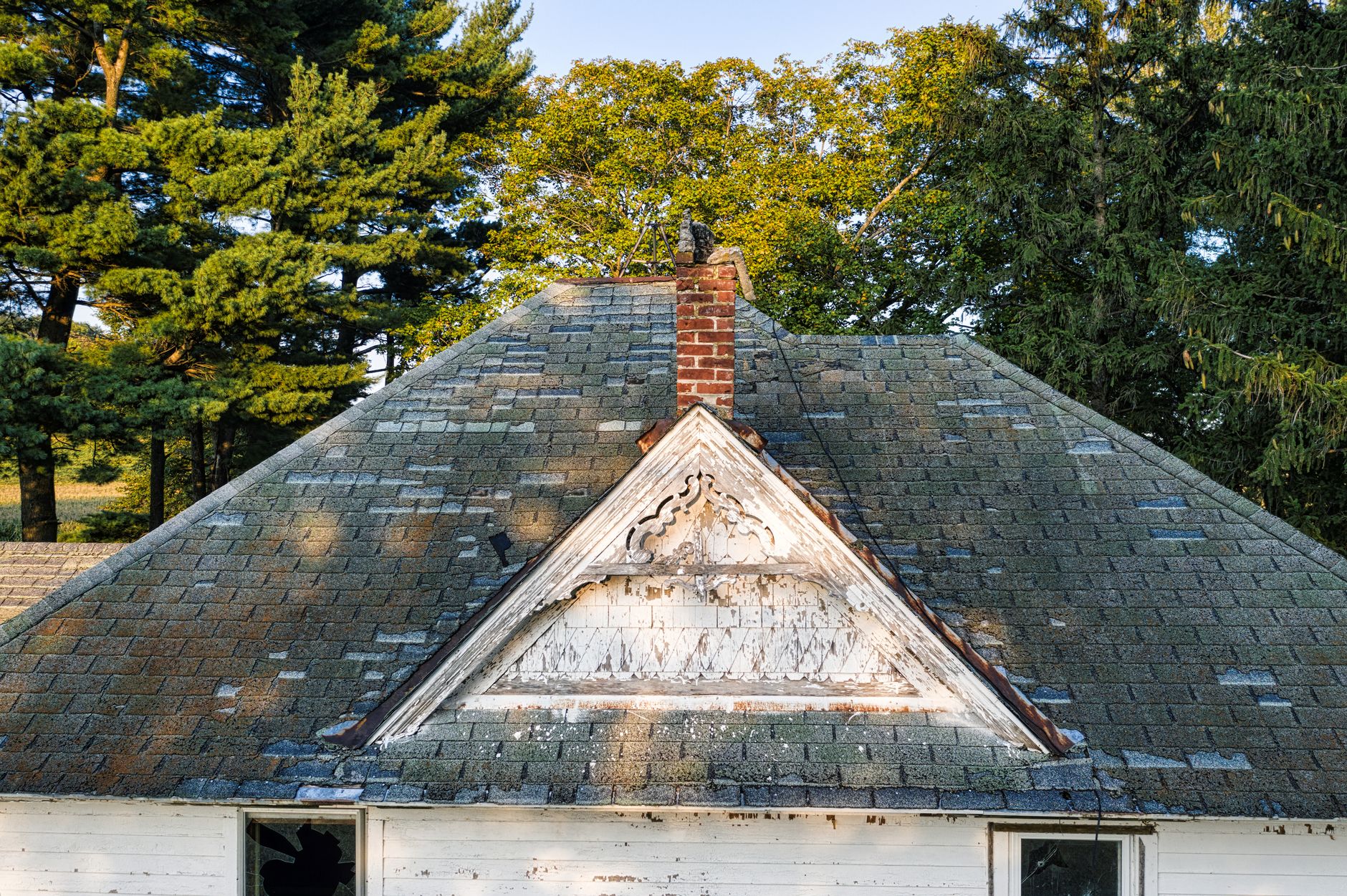 The weathered roof of an older house framed by trees, illustrating why some policies settle roof damage differently
