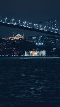 White and Black Ship on Sea Under Bridge during Night Time