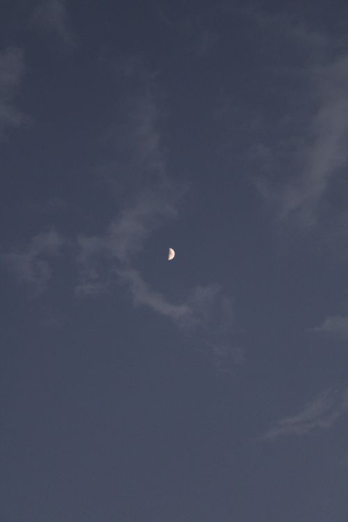 Free A tranquil view of the night sky featuring a half moon surrounded by wispy clouds. Stock Photo