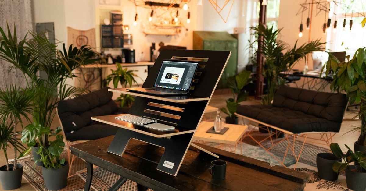 Stylish home office with standing desk, laptop, and plants for ergonomic work environment.
