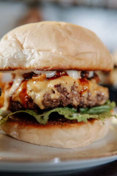 Free Delicious cheeseburger with lettuce, cheese, and ketchup on a bun. Stock Photo