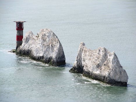 An iconic view of The Needles rock formation and lighthouse on the Isle of Wight, England, under clear skies.