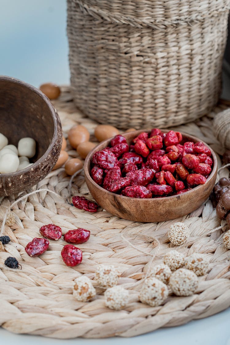 Acai Berries In Bowl On Braided Placemat