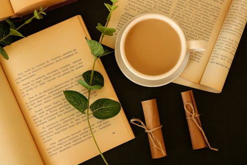 A Cup of Coffee on an Open Book Surrounded by Green Leaves