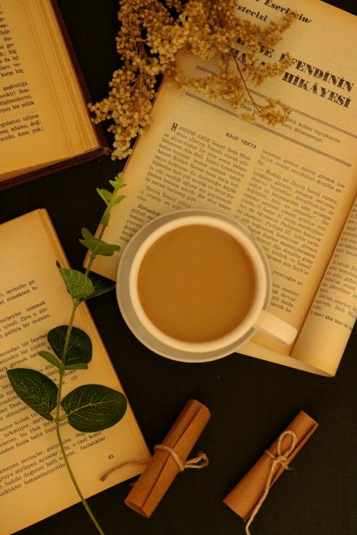 Free Top view of a coffee cup surrounded by open books and dried flowers, creating a warm, cozy atmosphere. Stock Photo