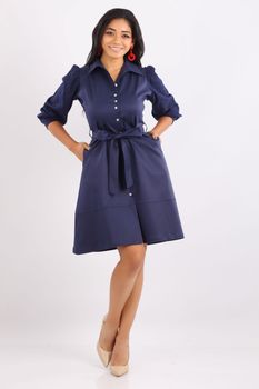 Navy sheath dress with classic pumps