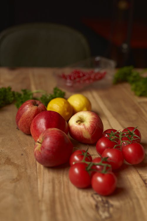 Free Fruit and Vegetables on Wooden Table  Stock Photo
