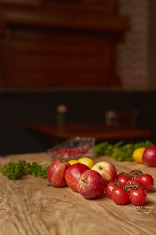 Fruit and Vegetables on Wooden Table 