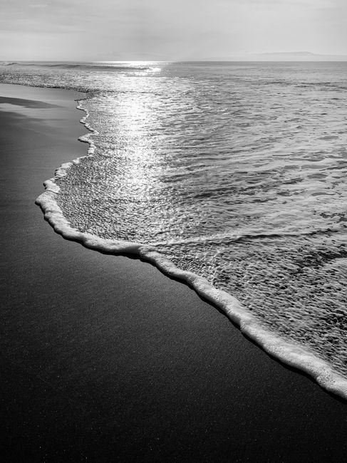 Black and white image of a peaceful ocean shoreline with gentle seafoam and calm water.