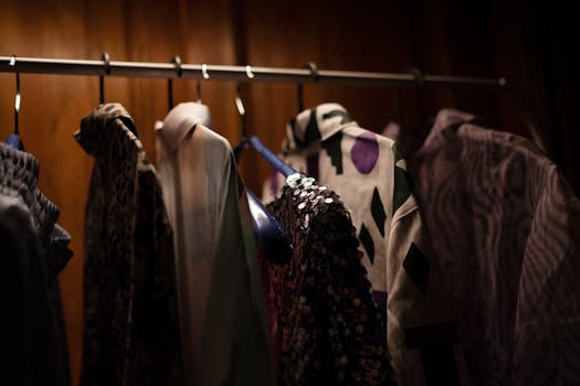 A collection of stylish shirts and blouses hanging on a rod in a dimly lit wardrobe.
