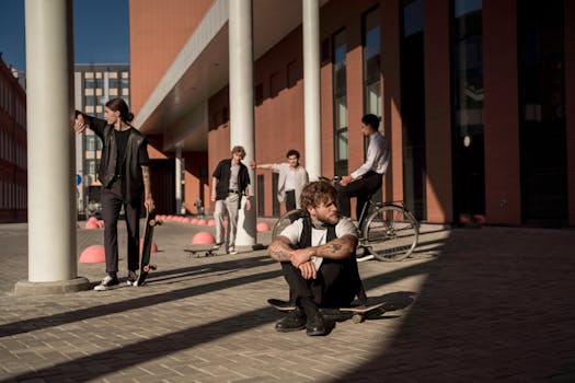 Group of young adults with skateboards and bike in a cityscape with modern architecture.