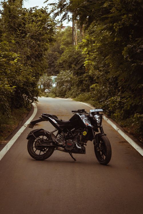 Free A stylish sports bike parked on a tree-lined road in India, perfect for nature and travel themes. Stock Photo
