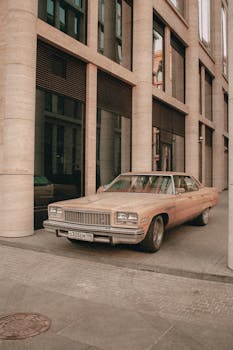 Vintage car beside modern architectural columns. Urban nostalgic scene.