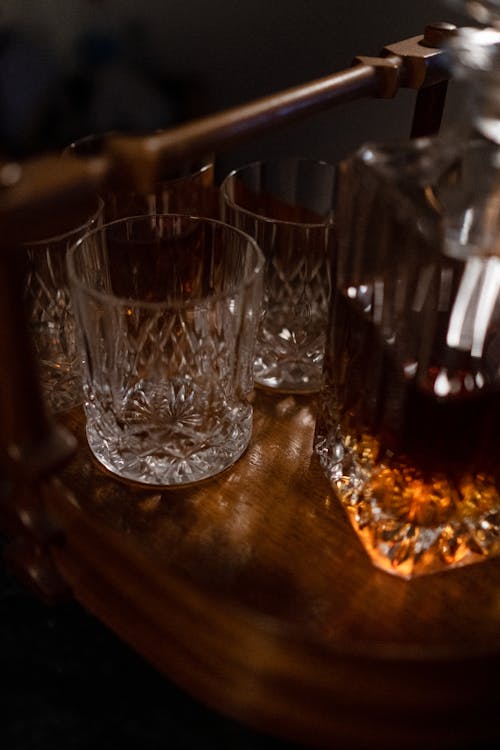Free Close-up shot of drinks glasses and decanter on table Stock Photo