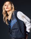 Blond Hair Woman in Baseball Sweatshirt