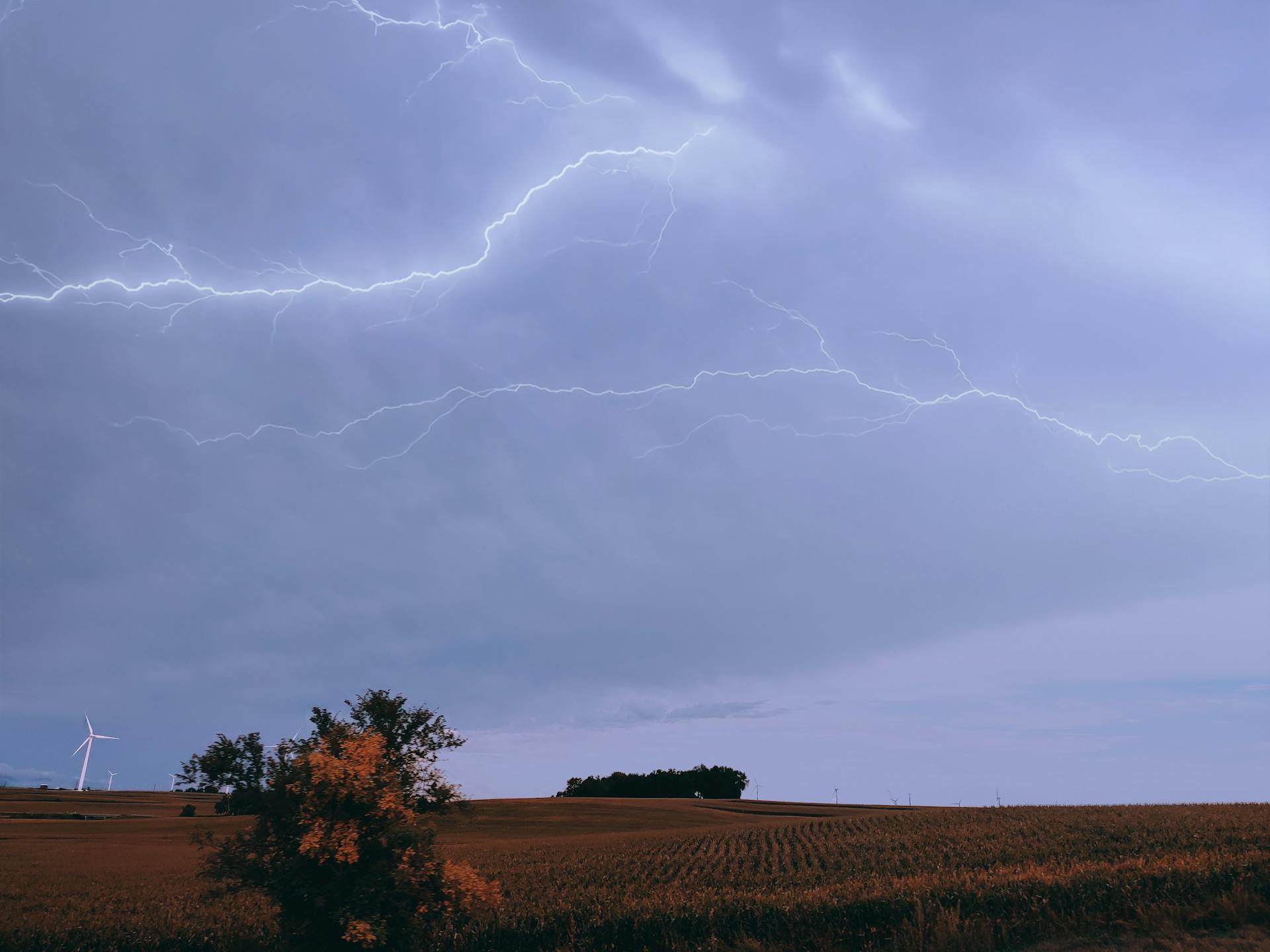 Striking lightning over a rural Iowa field captures nature's raw power under stormy skies.