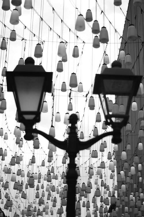 Free 
A Grayscale of Decorative Hanged Lamps Stock Photo