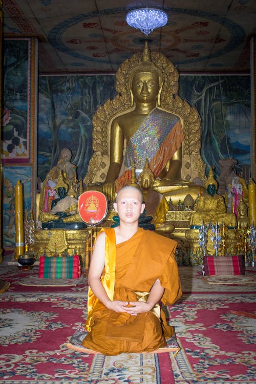 Free Buddhist Monk Kneeling in front of Statue Stock Photo