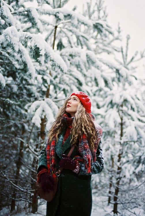 Free Woman among Trees Covered in Snow  Stock Photo