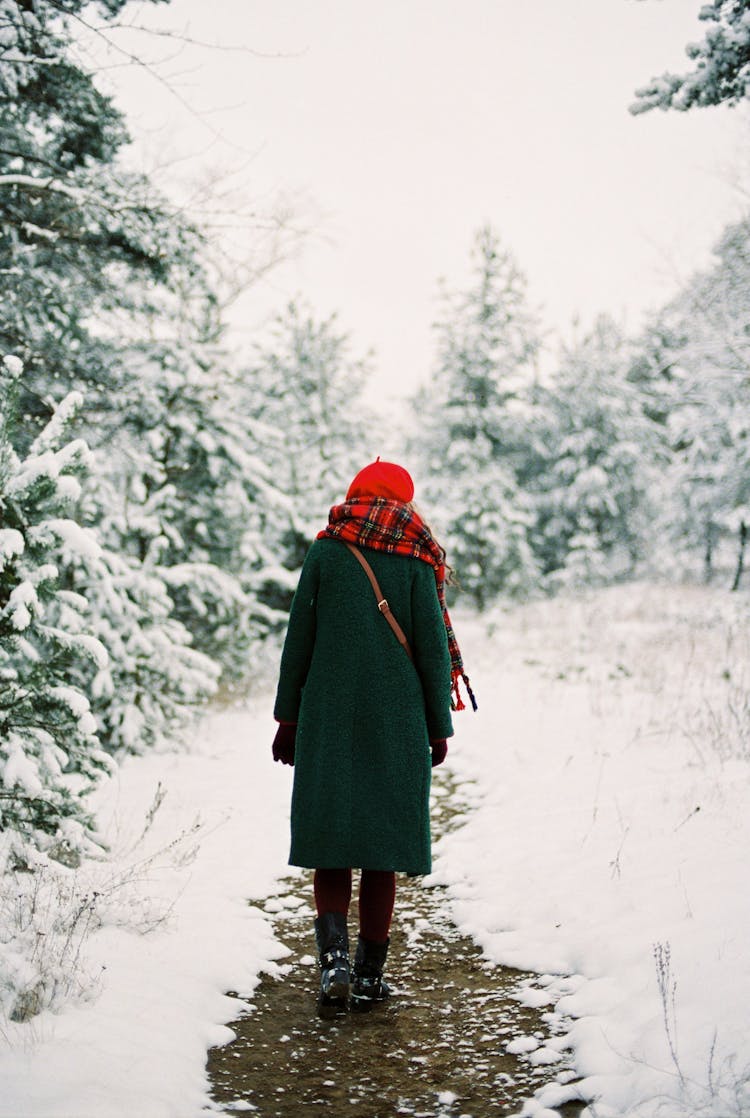 Woman In Coat Walking In Winter