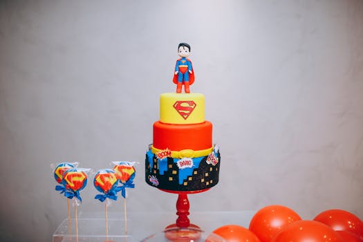 Vibrant Superman cake with superhero-themed decorations and balloons.
