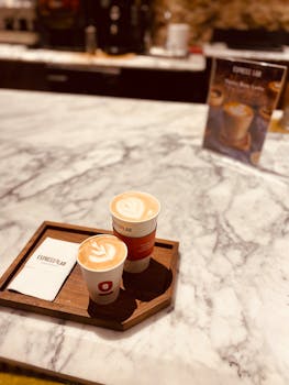 Two lattes with beautiful latte art on a marble counter in a stylish Istanbul cafe.