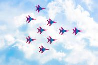 Blue and Red Jet Plane in the Sky