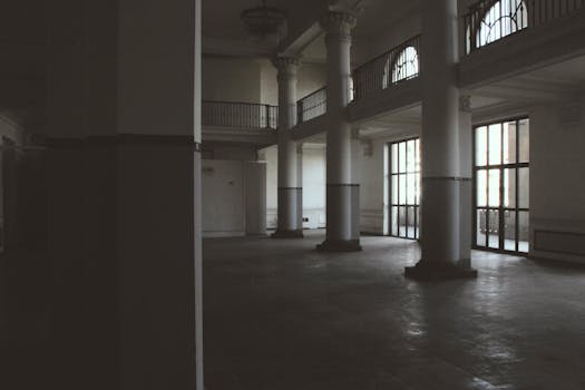 一条空旷、昏暗的走廊，高高的柱子，营造出一种令人毛骨悚然的神秘气氛