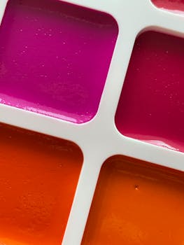 Close-up view of a vibrant makeup palette featuring pink and orange lip colors.