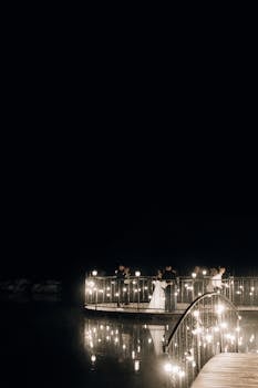 A romantic nighttime wedding with couples on a beautifully illuminated bridge reflecting in water.