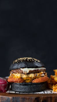 Close-up of a gourmet black sesame bun burger with melted cheese and crispy fries.
