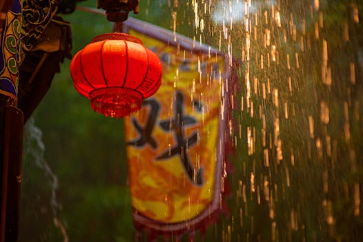 A red lantern under rain with a traditional yellow banner in the background.