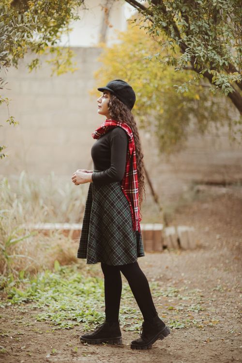 Plaid mini skirt with tights holiday outfit
