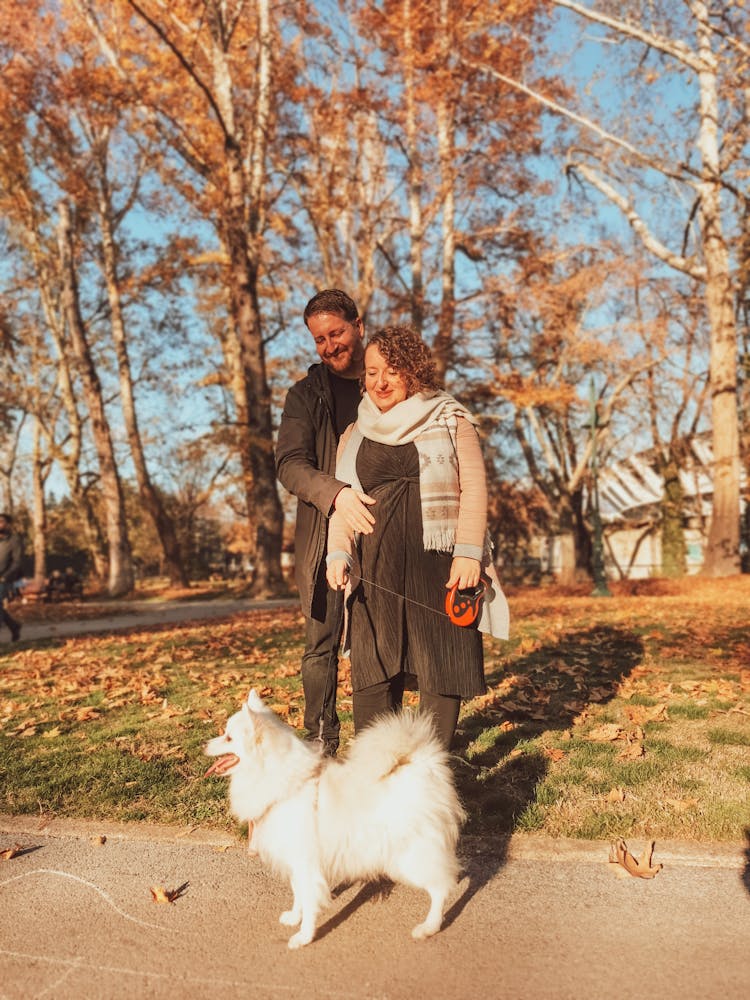 Pregnant Woman Holding The Leash Of A Dog